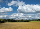 Developing farmland image of ploughed field with clouds and trees in background