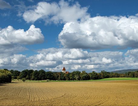 Developing farmland image of ploughed field with clouds and trees in background