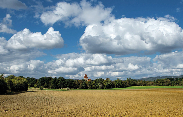 Developing farmland image of ploughed field with clouds and trees in background