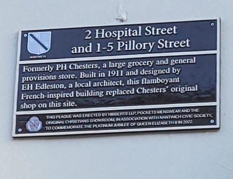 Commemorative Plaque on the wall of the Hibberts Solicitors Nantwich off on Pillory Street