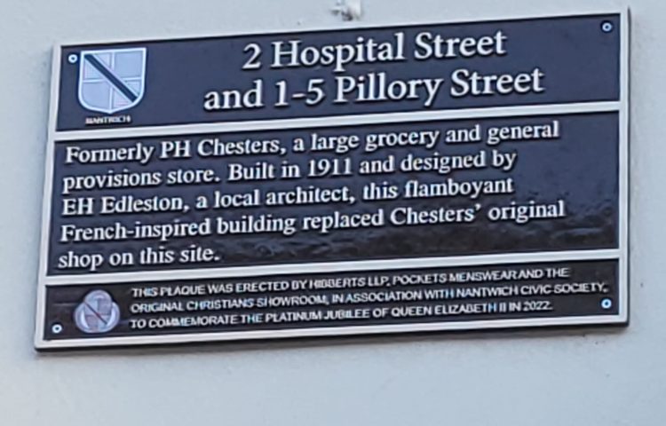 Commemorative Plaque on the wall of the Hibberts Solicitors Nantwich off on Pillory Street