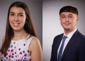 Image of a woman with long bron hair wearing a flowery top on the left hand side and in image of a man with dark hair wearing a suit on the right hand side which are pitcures of Larissa and Joel for the Trainee Solicitors Blog