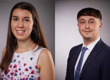 Image of a woman with long bron hair wearing a flowery top on the left hand side and in image of a man with dark hair wearing a suit on the right hand side which are pitcures of Larissa and Joel for the Trainee Solicitors Blog