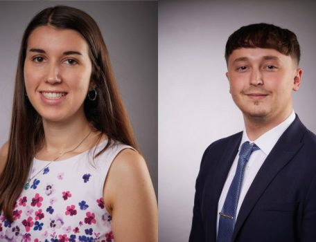 Image of a woman with long bron hair wearing a flowery top on the left hand side and in image of a man with dark hair wearing a suit on the right hand side which are pitcures of Larissa and Joel for the Trainee Solicitors Blog