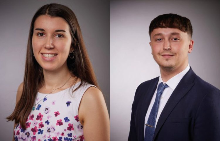 Image of a woman with long bron hair wearing a flowery top on the left hand side and in image of a man with dark hair wearing a suit on the right hand side which are pitcures of Larissa and Joel for the Trainee Solicitors Blog