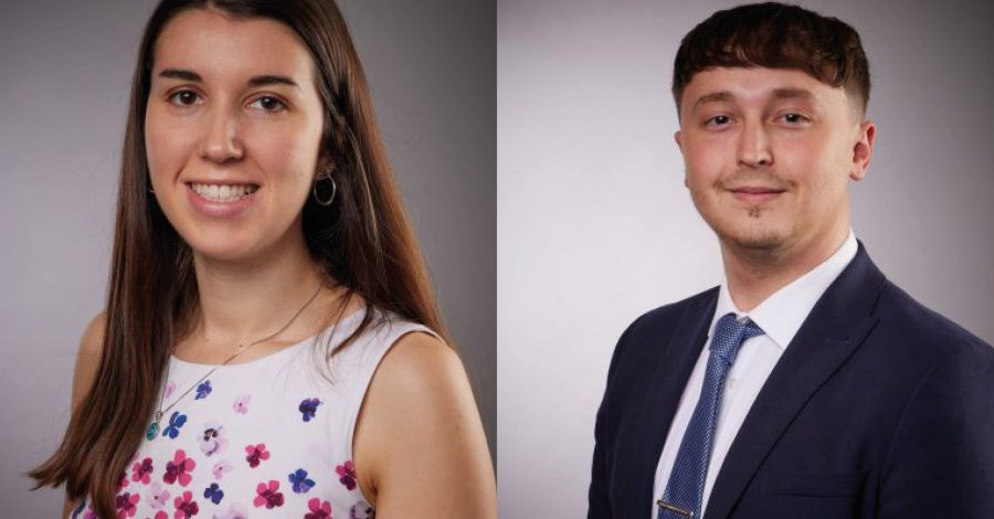 Image of a woman with long bron hair wearing a flowery top on the left hand side and in image of a man with dark hair wearing a suit on the right hand side which are pitcures of Larissa and Joel for the Trainee Solicitors Blog